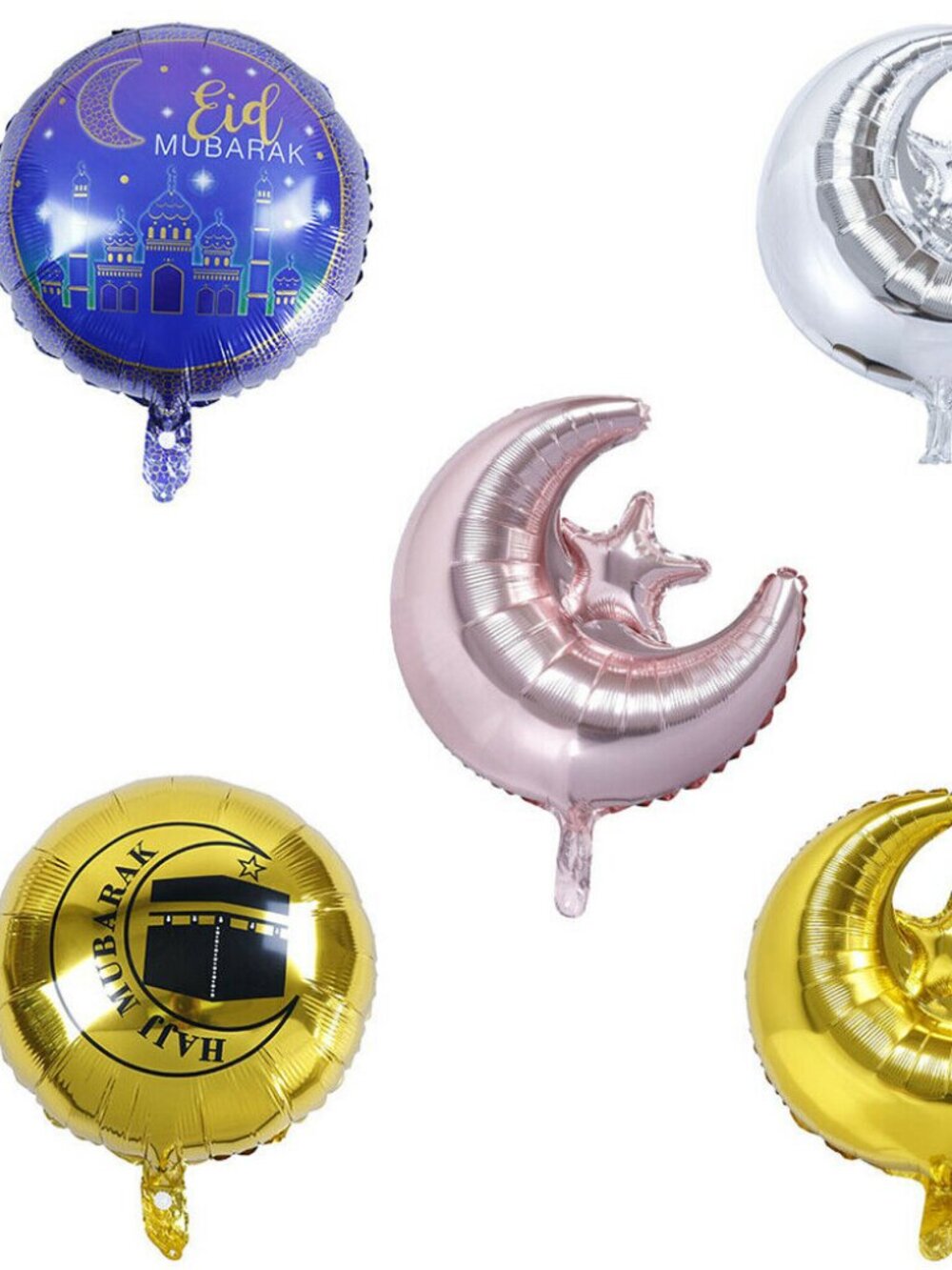 Set of 5 pcs Eid Mubarak Hajj Mubarak & Crescent Balloons 18" Balloons
